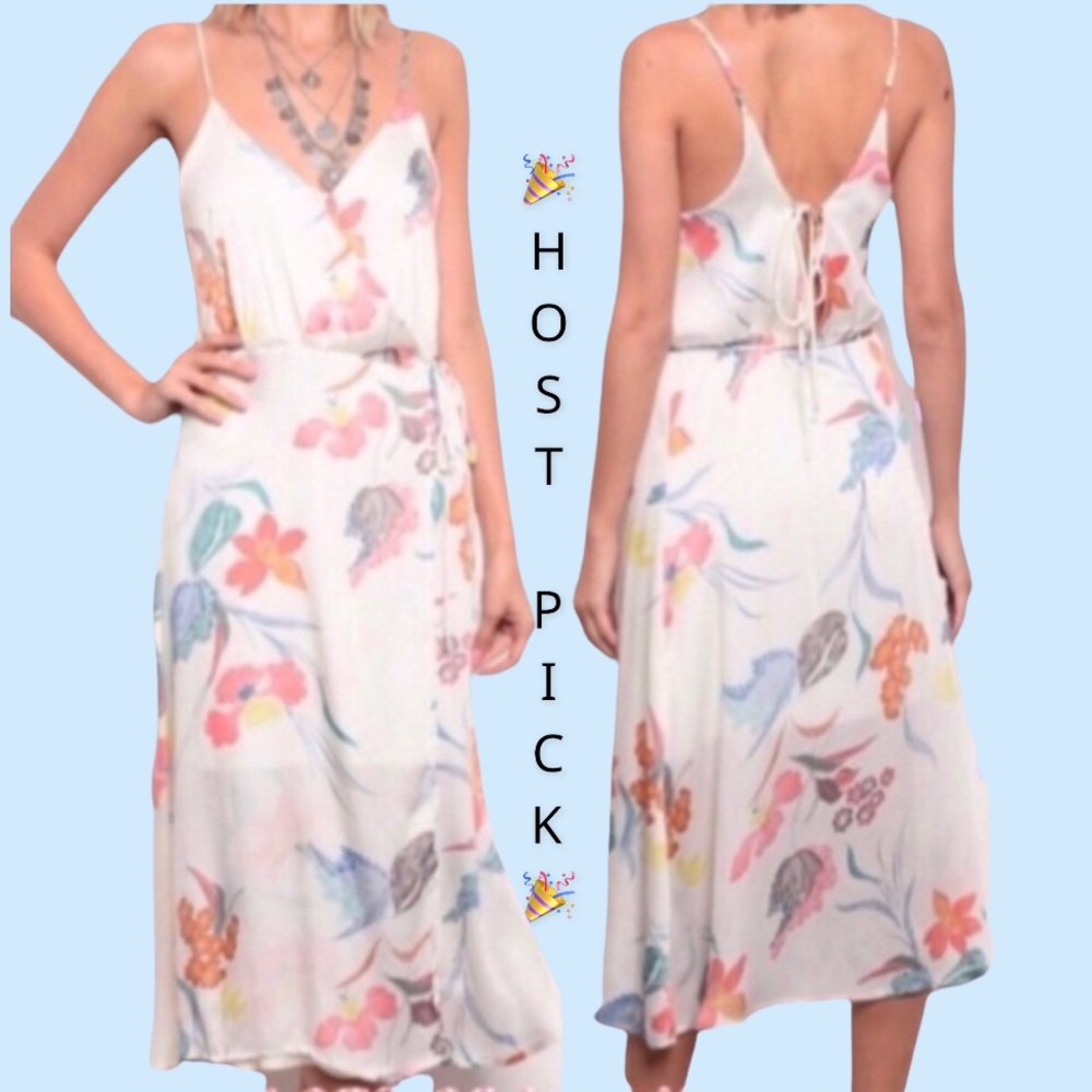 OFF WHITE WATERCOLOR FLORAL WRAP MIDI DRESS - Picture 1 of 8